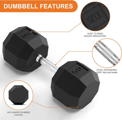 Rubber Coated Hex Dumbbell Weight Set, Multiple Sizes Exercise & Fitness Dumbbells,100LB Set,110LB Set,200LB,350LB,450LB,550LB, 35-50Lbs Pairs for Muscle Toning, Strength Building & Full Body Workout