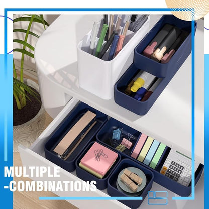11-Piece Stackable Drawer Organizer Set, Multi-size Desk Drawer Organizer Trays Vanity Storage Bins for Storing Makeup, Stationery, Utensils in Bathroom Dresser, Office and Kitchen