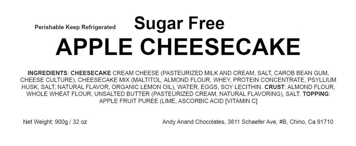 Andy Anand Sugar Free Apple Cheesecake 9" - Crafted with Real California Cream Cheese, Fresh and Natural Ingredients, Amazingly Delicious, Perfect for Diabetics & Dessert Lovers (2 lb)