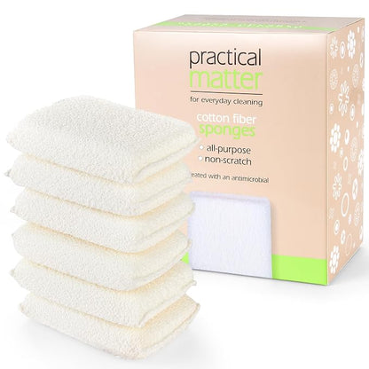 Practical Matter Kitchen Sponge, Organic Cotton Fiber All-Purpose Dish Sponges for Washing Dishes and Cleaning All Surfaces, Durable Non Scratch Scrub, 6 Count Value Pack