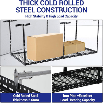 Overhead Garage Storage Rack 4x8 FT, Steel Ceiling Shelves 660lb Capacity, Height Adjustable 22-40 Inches, Space-Saving for Attic Basement Shed (Black, 6 Posts)
