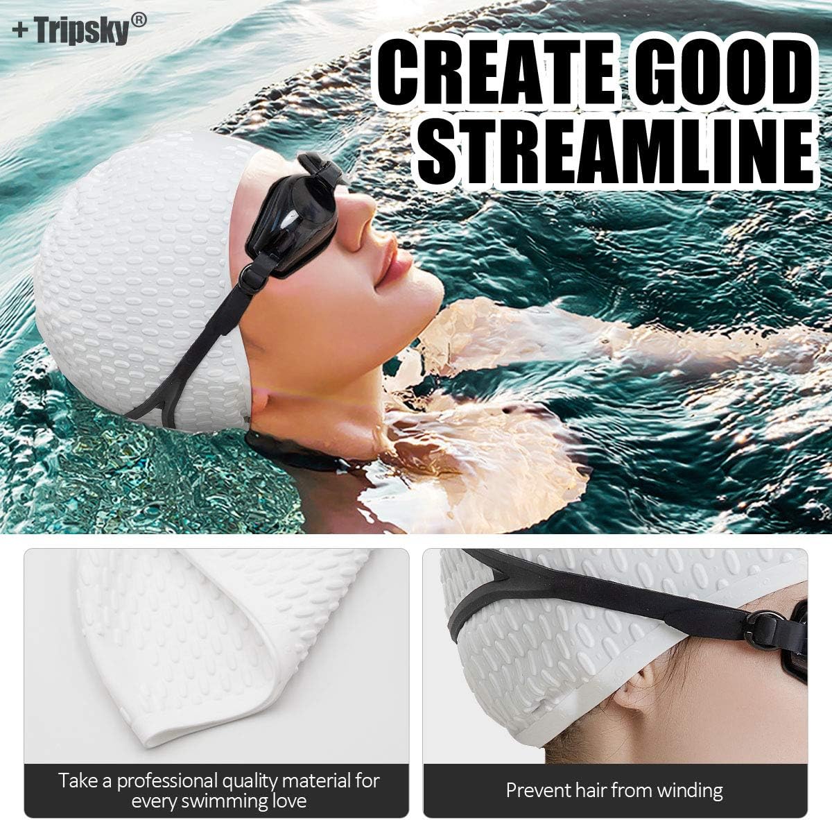 Tripsky Silicone Swim Cap,Comfortable Bathing Cap Ideal for Curly Short Medium Long Hair, Swimming Cap for Women and Men, Shower Caps Keep Hairstyle Unchanged…