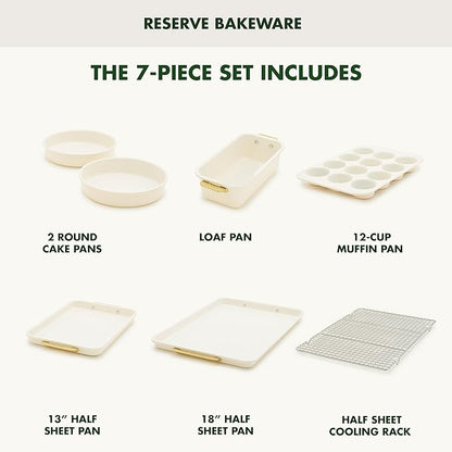 GreenPan Bakeware Set, 7 Piece Nonstick Ceramic Gold Handle Baking Sheets, Cake Pans, Loaf Pan, Muffin Tin, Cooling Rack, PFAS & BPA Free, Freezer to Oven Dish, Bake & Roast Ovenware, Cream