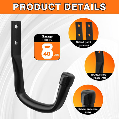 10-Pack Heavy Duty Garage Wall Hooks – Utility J Hooks for Hanging Ladders, Bikes, Garden Tools, Hose, with Anti-Slip Coating (Black*10)