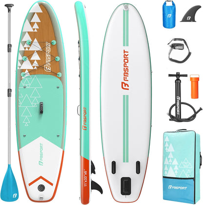 FBSPORT 11' Premium Stand Up Paddle Board, Yoga Board with Durable SUP Accessories & Carry Bag | Wide Stance, Surf Control, Non-Slip Deck, Leash, Paddle and Pump for Youth & Adult