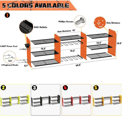Power Tool Organizer with Charging Station Wall Mount, 3 Layer Expanded Heavy Duty Garage Organization, 45.5 Inch Length Garage Tool Storage, 8 Drills, 2 Assemble Method, Orange