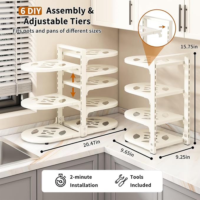 Adjustable Heavy Duty Pots and Pans Organizer Under Cabinet, 8-Tier Pot and Pan Organizers Inside Cabinet, Kitchen Cabinet Organizers and Storage, White