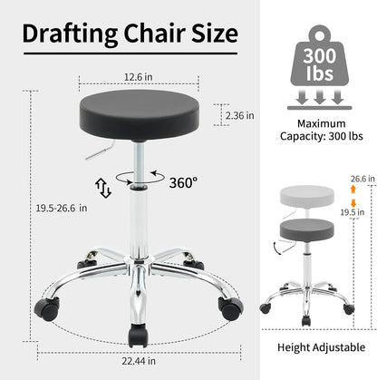 Rolling Office Stools, Adjustable Drafting Stool on Wheels 19.5’’-26.6’’, Black Ergonomic Office Chair (Black)
