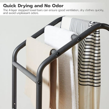 HOOBRO Freestanding Towel Rack, 4 Tier Blanket Rack Stand, 16.3"L x 11.2"W x 31.3"H, Blanket Ladder Holder, Quilt Rack, Drying and Display Rack, Living Room, Bathroom, Rustic Brown and Black BF64LB01