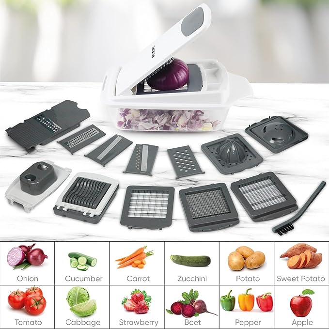 RüK Vegetable Chopper Slicer Onion Dicer, Multi 22-in-1 Veggie Mandoline Food Cutter for Tomato Fruit with Lemon Squeezer, E-Recipe, 11 Blades, Egg Separator & Slicer, Container