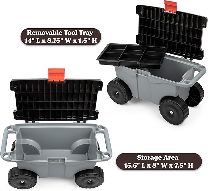Pure Garden Rolling Garden Cart with Seat - Plastic Storage with Bench and Interior Tool Tray - Gardening Stool for Weeding and Planting (Gray)