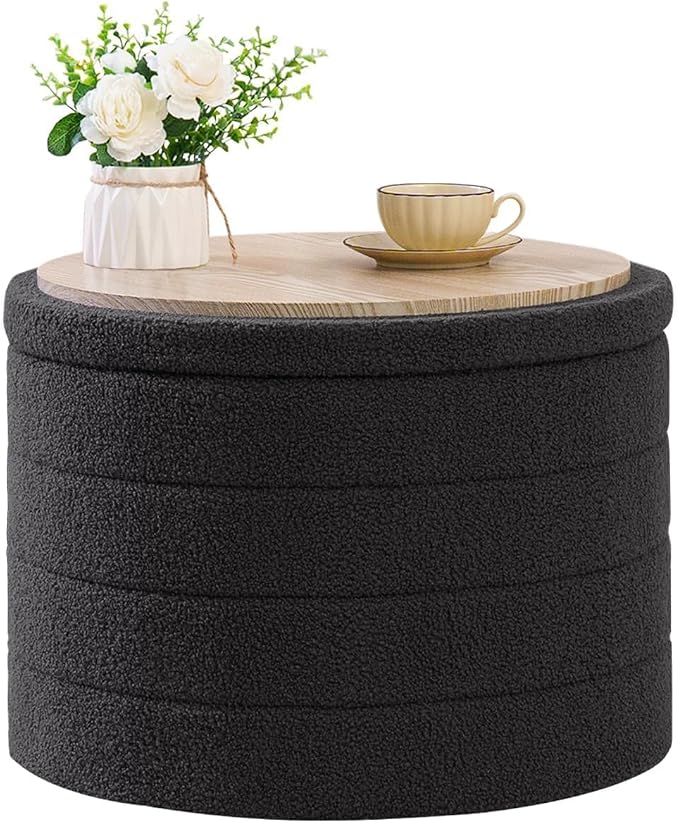 B FSOBEIIALEO Ottoman with Stroage, Round Sherpa Storage Ottoman Stool, Boucle Foot Rest22 x 22"x15.75" (Dark Grey)