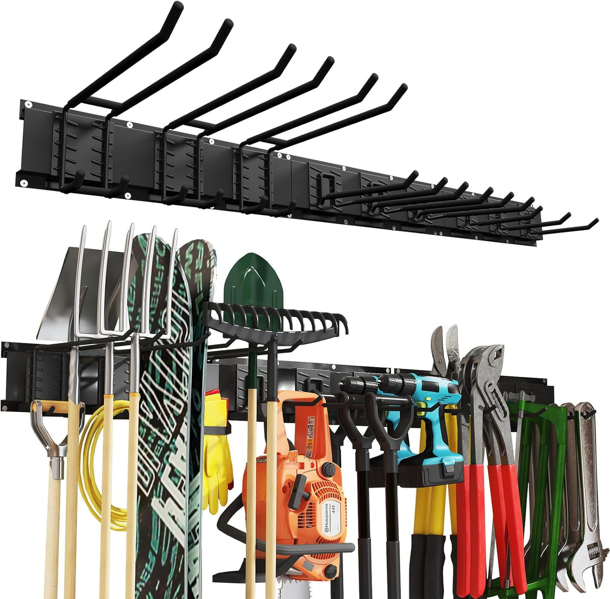48 Inches Garage Organization,Wall Mount Garden Tool Organizer,660lbs Adjustable Heavy Duty Metal Hanging Hooks, Garden Tool Hangers Storage Rack for Garage, Yard, and Shed (3 Racks, 9 Hooks)
