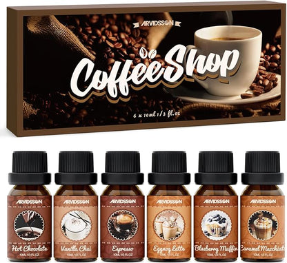 ARVIDSSON Coffee Fragrance Oils Set, Premium Essential Oils for Diffuser, Espresso, Vanilla Chai, Hot Chocolate, Blueberry Muffin, Eggnog Latte, Caramel Macchiato, Coffee Shop Scented Oils