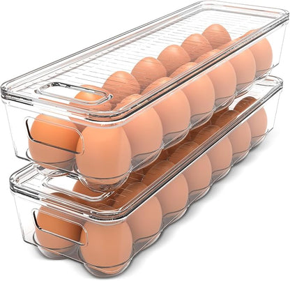 Utopia Home Egg Container With Lid and Handle for Refrigerator Organization- Pack of 2 - Clear Stackable Egg Holder for Kitchen or Pantry Organizers and Storage