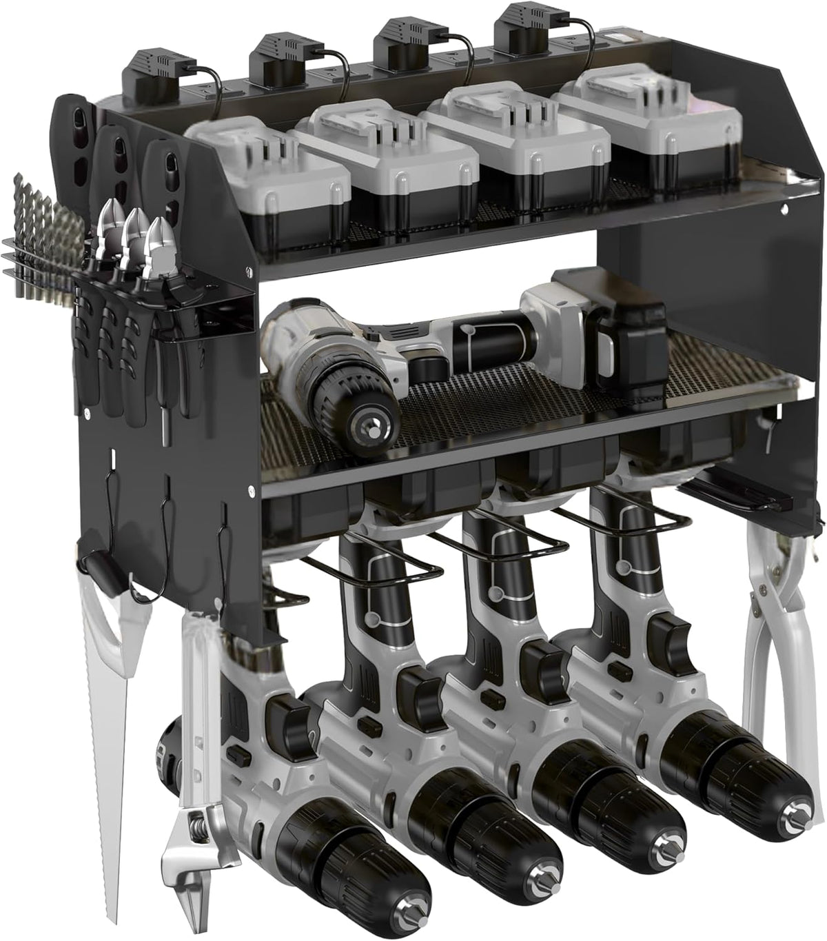 3-Tier Modular Drill Holder & Power Tool Organizer Wall Mount with Charging Station, Tool Storage Rack with Hooks, 8-Outlet Power Strip, Bit Rack & Cordless Garage Tool Organization (Black)
