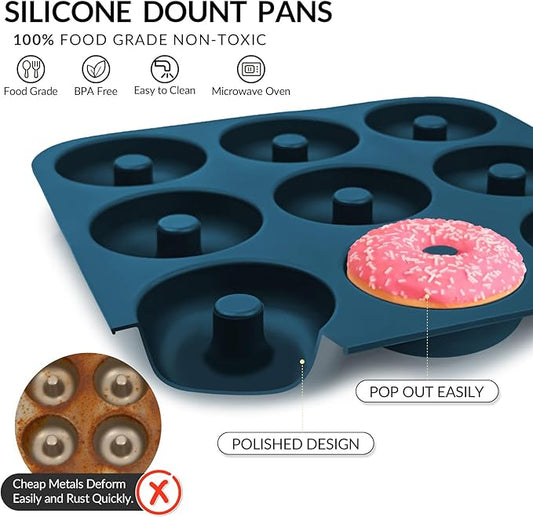 Large Silicone Donut Pan for Baking, 9 Cavity Non-Stick Food Grade Silicone Donut Molds, Doughnut Pan and Bagel Pans for Baking & Kitchen, BPA Free 11.2 x 11.1 Inches, Dishwasher Safe - Blue