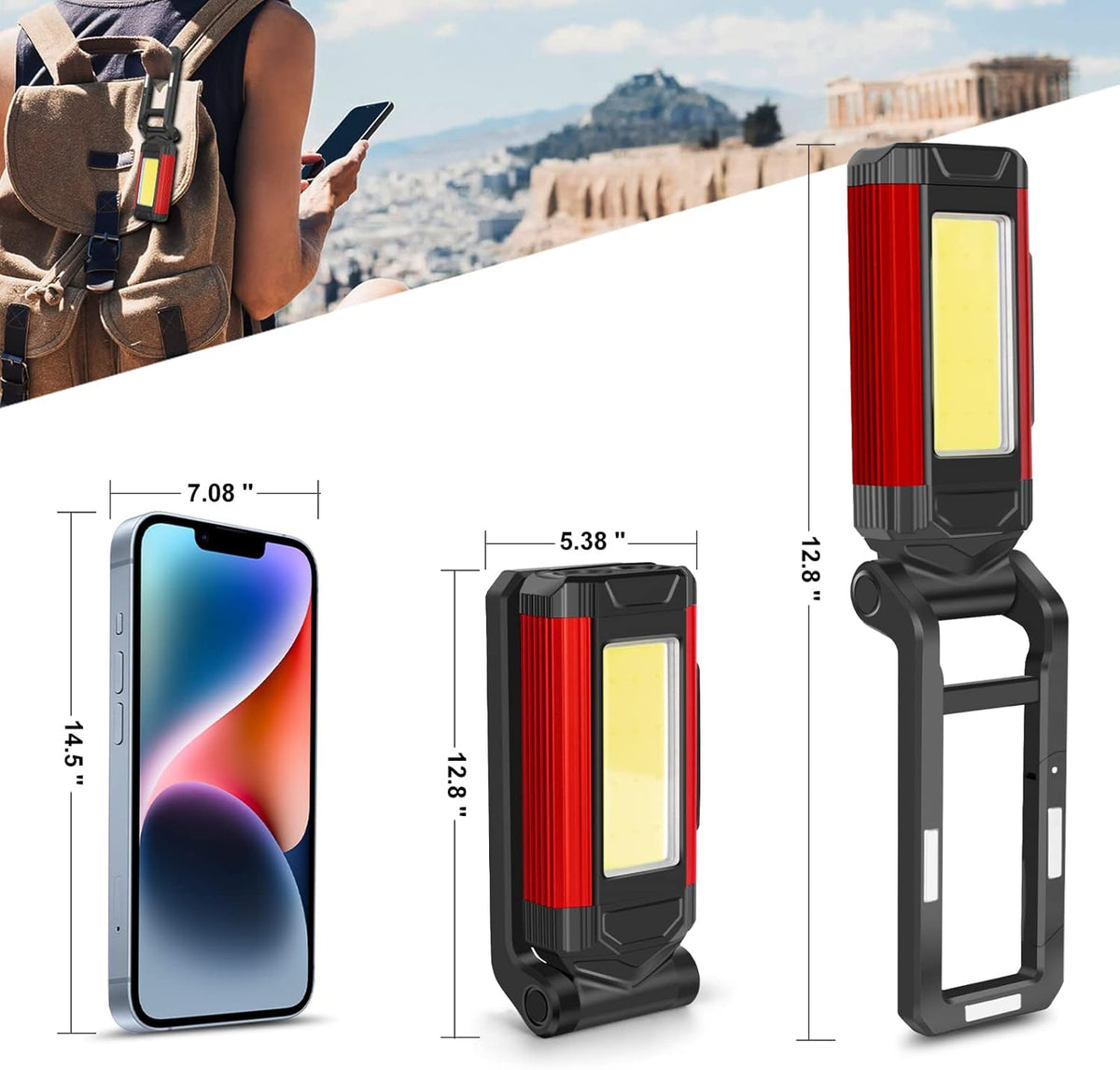 Rechargeable LED Magnetic Work Light 2 Pack, Portable Tool Gifts for Men, 7 Flashlight Modes with Kickstand and Carabiner, 360° Rotating Head and USB Charging for Camping, Hunting, and Car Repairs