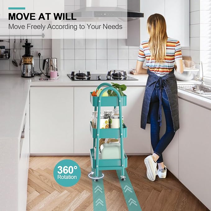 EAGMAK 3 Tier Utility Rolling Cart, Metal Storage Cart with Handle and Lockable Wheels, Multifunctional Storage Organizer Trolley with Mesh Baskets for Kitchen, Living Room, Office, Garage (Turquoise)