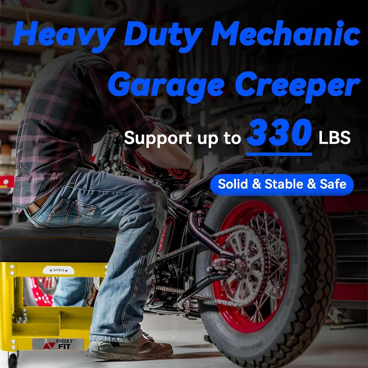 Rolling Creeper Garage Shop Seat for Men, Padded Mechanics Stool with Tool Tray Storage for Garage, Rolling Workshop Stool with Wheels, Auto Creeper Seat, 330 LBS Capacity, Heavy Duty,Yellow