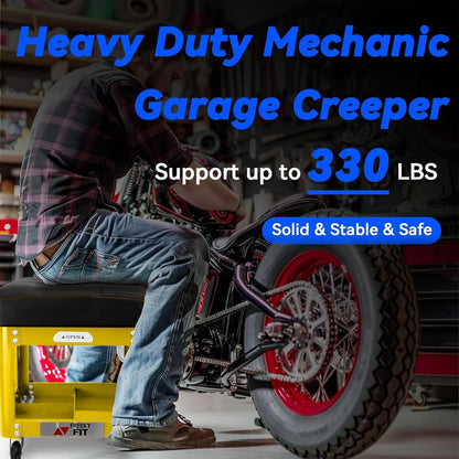 Rolling Creeper Garage Shop Seat for Men, Padded Mechanics Stool with Tool Tray Storage for Garage, Rolling Workshop Stool with Wheels, Auto Creeper Seat, 330 LBS Capacity, Heavy Duty,Yellow