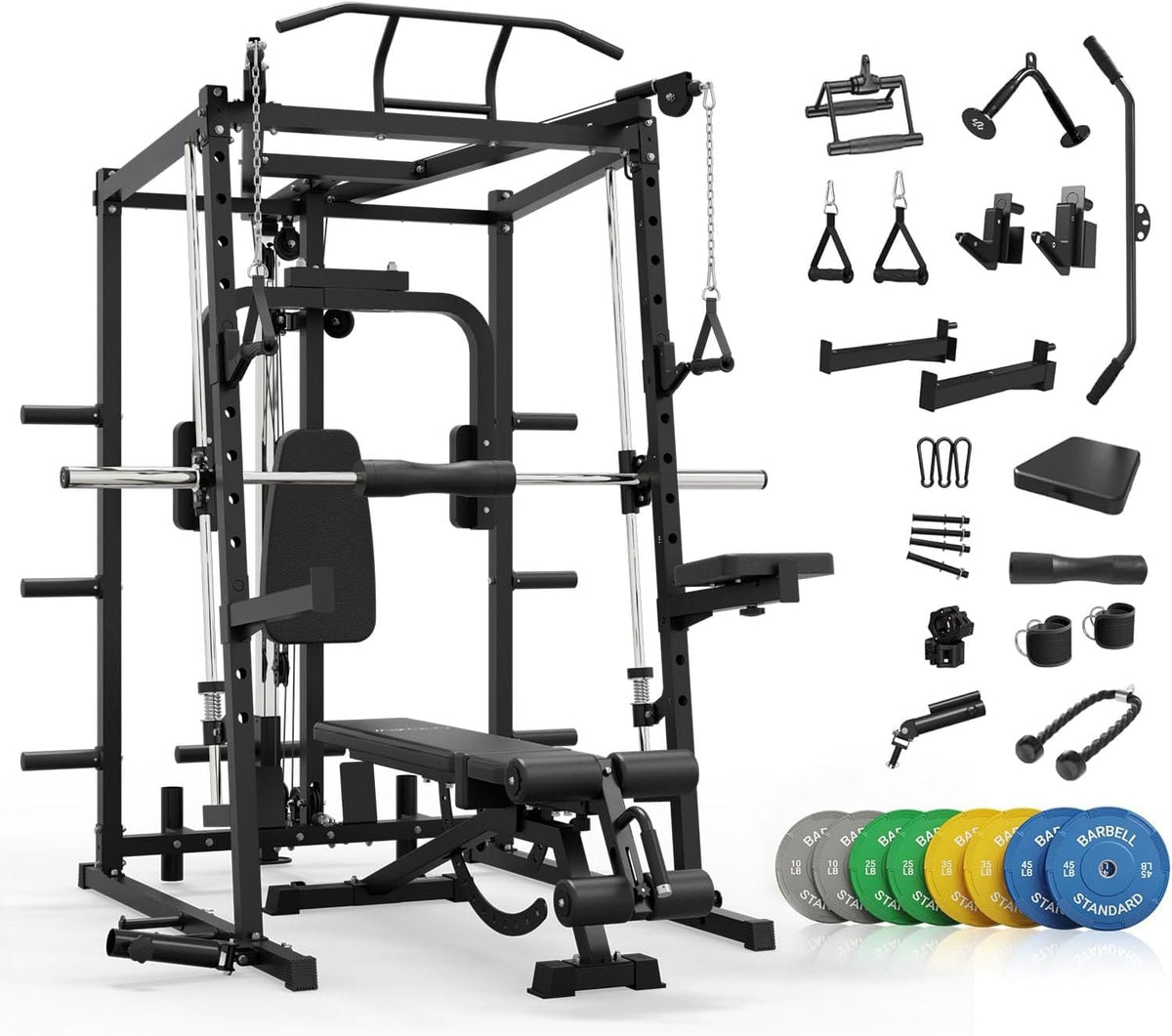 Mikolo All-in-One Smith Machine Home Gym, 2000LBS Power Cage with Cable Crossover System, Integrated Squat Rack with Weight Bar for Full-Body Training—LAT Pulldown, T-Bar Row, Triceps, Chest Fly