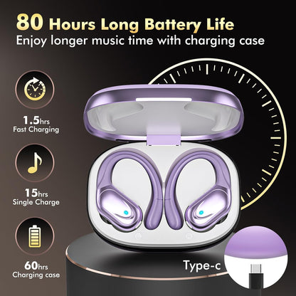 Wireless Earbuds, Sports Bluetooth Headphones, 80Hrs Playtime Ear Buds with LED Power Display, Noise Canceling Headset, IPX7 Waterproof Earphones for Workout/Running (Purple)