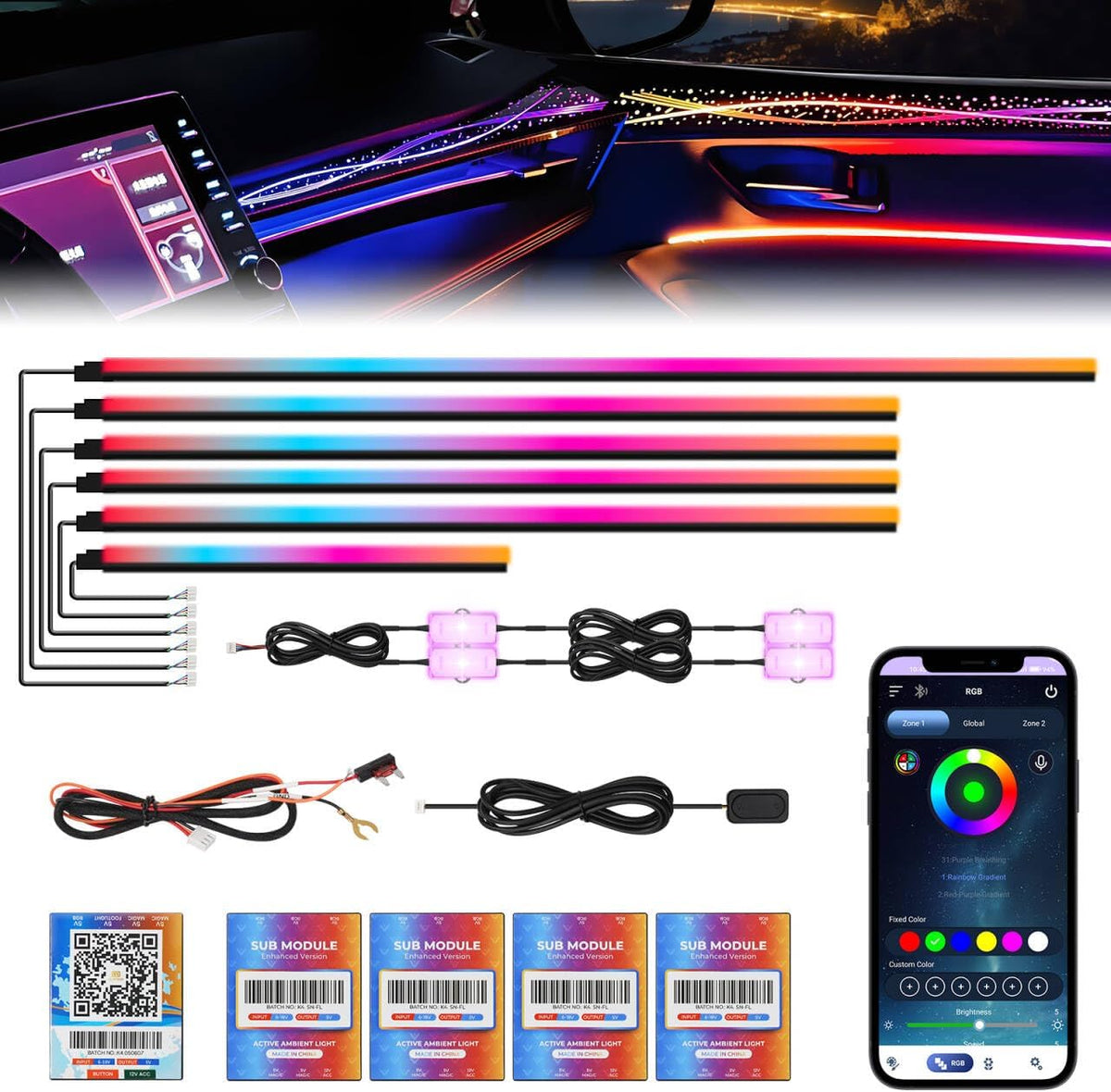New Version Dreamcolor Acrylic Car Interior Lights 10 in 1 RGB LED Strip Lights APP Control Zoned Control System 252 Color Modes DIY Fiber Optic Ambient Lighting Kits Music Car Neon Lights