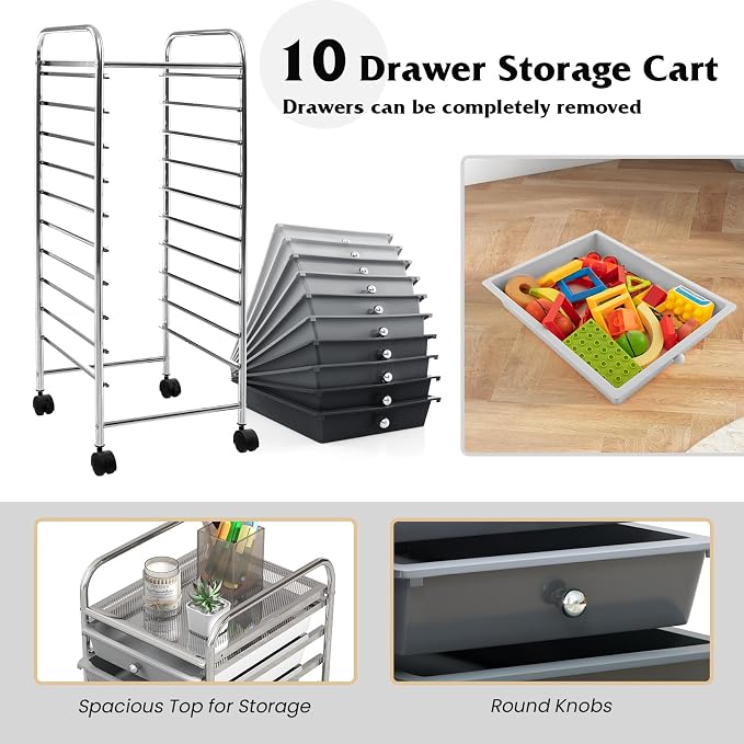 Giantex 10-Drawer Storage Cart w/Universal Wheel, Rolling Cart w/Handle, Home Organizer Storage Unit w/Removable Drawers, Trolley Utility Cart for Kitchen Makeup Living Room Office Play Room