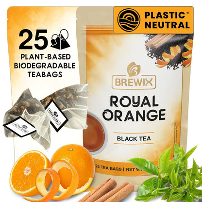 BREWIX, Royal Orange Spice Black Tea (25 Pyramid Tea Bags) | Premium Caffeinated Blend with Zesty Orange & Warming Spices | Warming Winter Blend Perfect for the Holidays | Iced Tea Bags | Sugar-Free