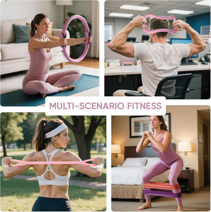 Home Pilates Kit for Women Pilates Equipment Ring and Ball Set Magic Circle Hoop with 5 Resistance Bands Compact Toning Fitness Essentials Starter Set Accessories
