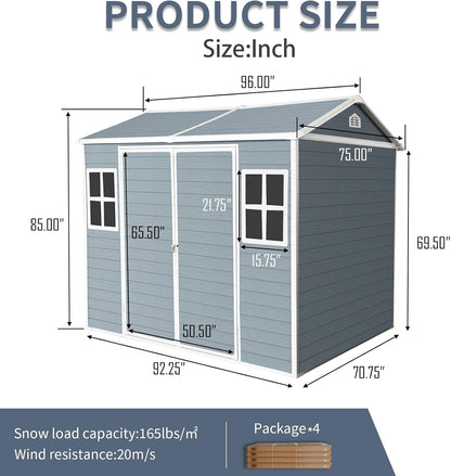 8x6 FT Outdoor Storage Shed, Resin Garden Shed with Thick Floor, Plastic Storage Shed with 2 Windows, Waterproof Outside Tool Shed with Lockable Hinged Doors for Backyard, Patio, Lawn, Light Gray