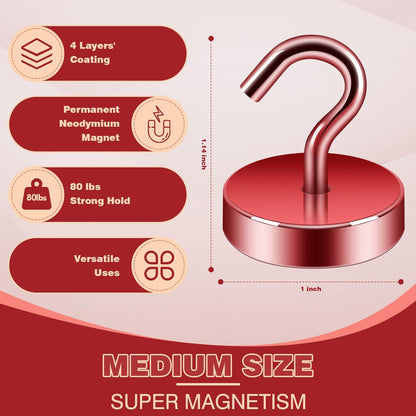 Neosmuk Magnetic Hooks, Cruise Ship Essentials, 80lb+ Heavy Duty Magnetic Hooks for Cruise Cabins, Refrigerator, Grill, Hanging, and Travel | Extra Strong Must-Haves Magnet Hook,Red