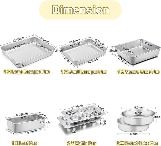 TeamFar Stainless Steel Bakeware Set of 8, Baking Roasting Toaster Oven Pans, Lasagna/Square/Round Cake Pan, Loaf Pan & Muffin Pan, Non-Toxic & Sturdy, Smooth & Dishwasher Safe