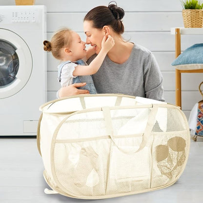 Collapsible Laundry Baskets, Upgrade Pop Up Laundry Hamper with Convenient Bags, Foldable Laundry Basket Mesh Light Weight, Easy to Carry Clothes Hampers for Laundry, Dorm, Toys, Travel Beige