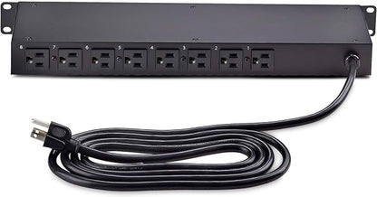 StarTech 8-Outlet 1U Switched PDU, 15A, TAA, 125V (8NS8-RACK-MOUNT-PDU) | Horizontal rack mount power strip, Outlet on/off switches, 15A breaker, 8ft/2.4m cord, NEMA 5-15, Illuminated rockers