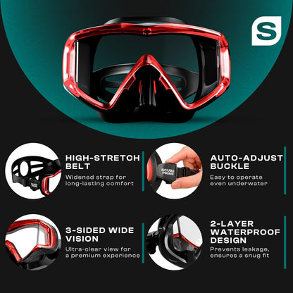 Pano 3 Scuba Diving Mask, Tempered Glass Snorkel Mask Three-Window Scuba Mask No-Leak Dive Mask Silicone Skirt Diving Mask for Snorkeling and Scuba Use