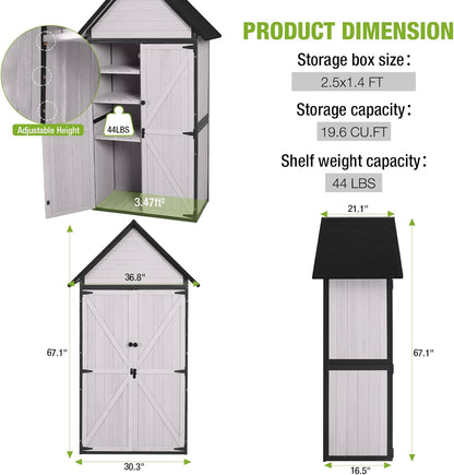 GUTINNEEN Sheds Outdoor Storage Wooden Garden Tool Shed with Metal Frame Sloped Roof and Adjustable 3 Tiers Shelves Outdoor Storage Cabinet for Backyard Garden Patio Lawn 67.1"(Off White)