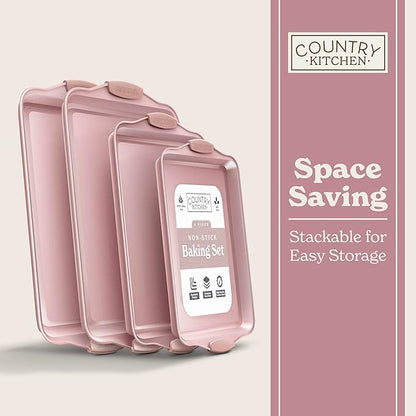 Country Kitchen Nonstick Stackable Bakeware Set - Heavy Duty, Durable, Easy Release Baking Set, Pink, 4 Pcs