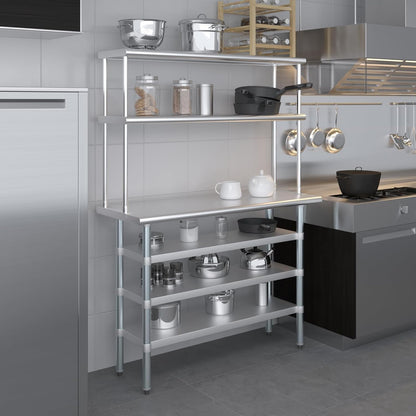 Amgood 18" x 48" Stainless Steel Work Table with 3 Shelves and 12" Wide Double Tier Overshelf | Metal Kitchen Prep Table & Shelving Combo | NSF