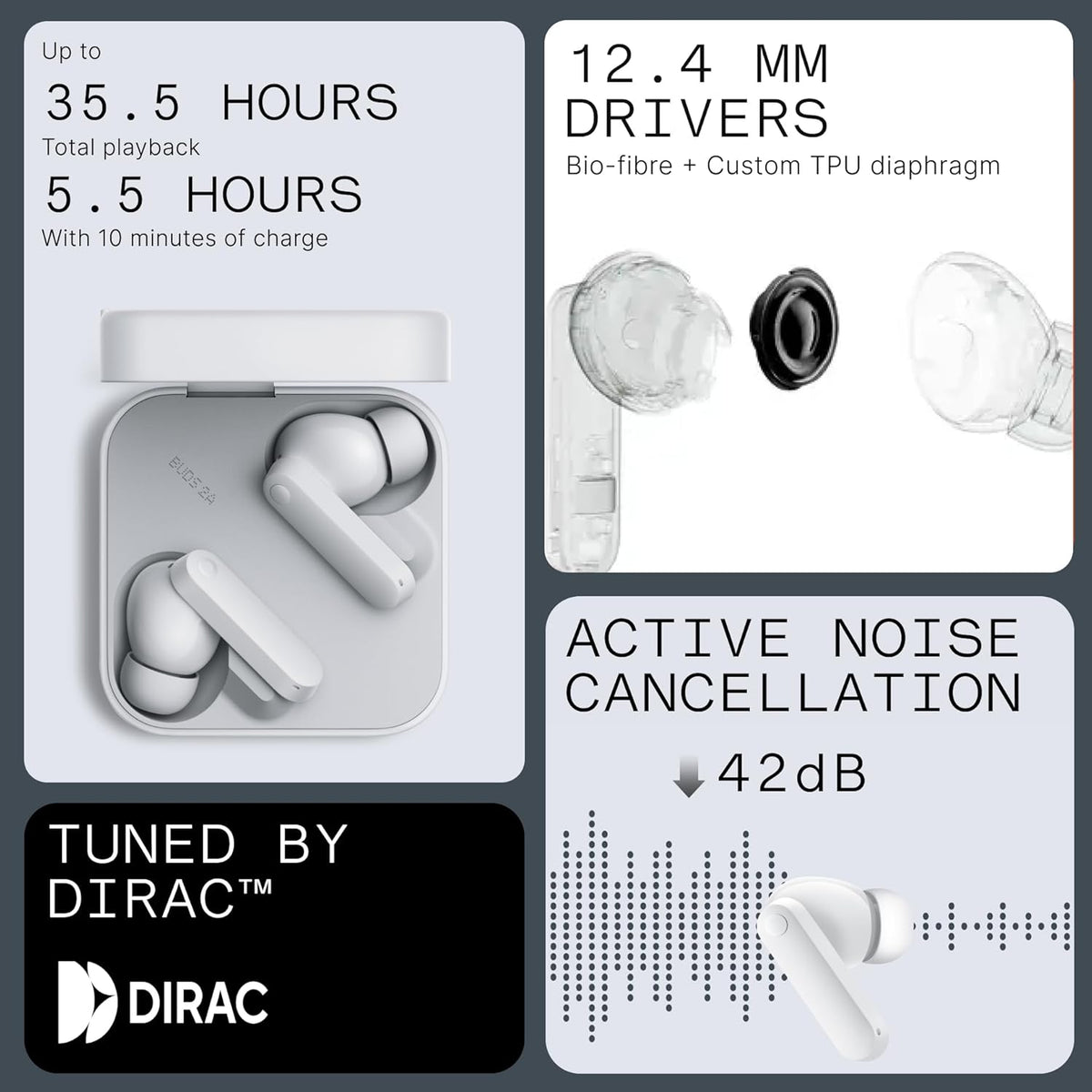 CMF Buds 2a Wireless Earbuds 2025 New Active Noise Cancelling 42dB Hybrid ANC Bluetooth Headphones, 12.4mm Dynamic Driver for Big Bass, 4 Mic Clear Call, Sport Ear Buds for iPhone, Android, Light Grey