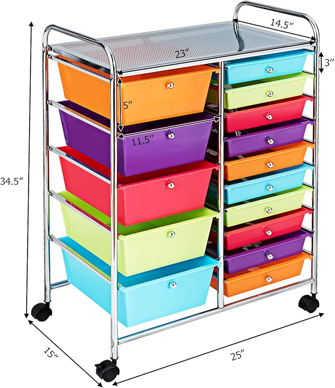 GOFLAME 15-Drawer Rolling Storage Cart, Craft Storage Cart with Removable Drawers & Lockable Wheels, Art Cart Supply Storage Organizer for Home Office Classroom, Multicolor