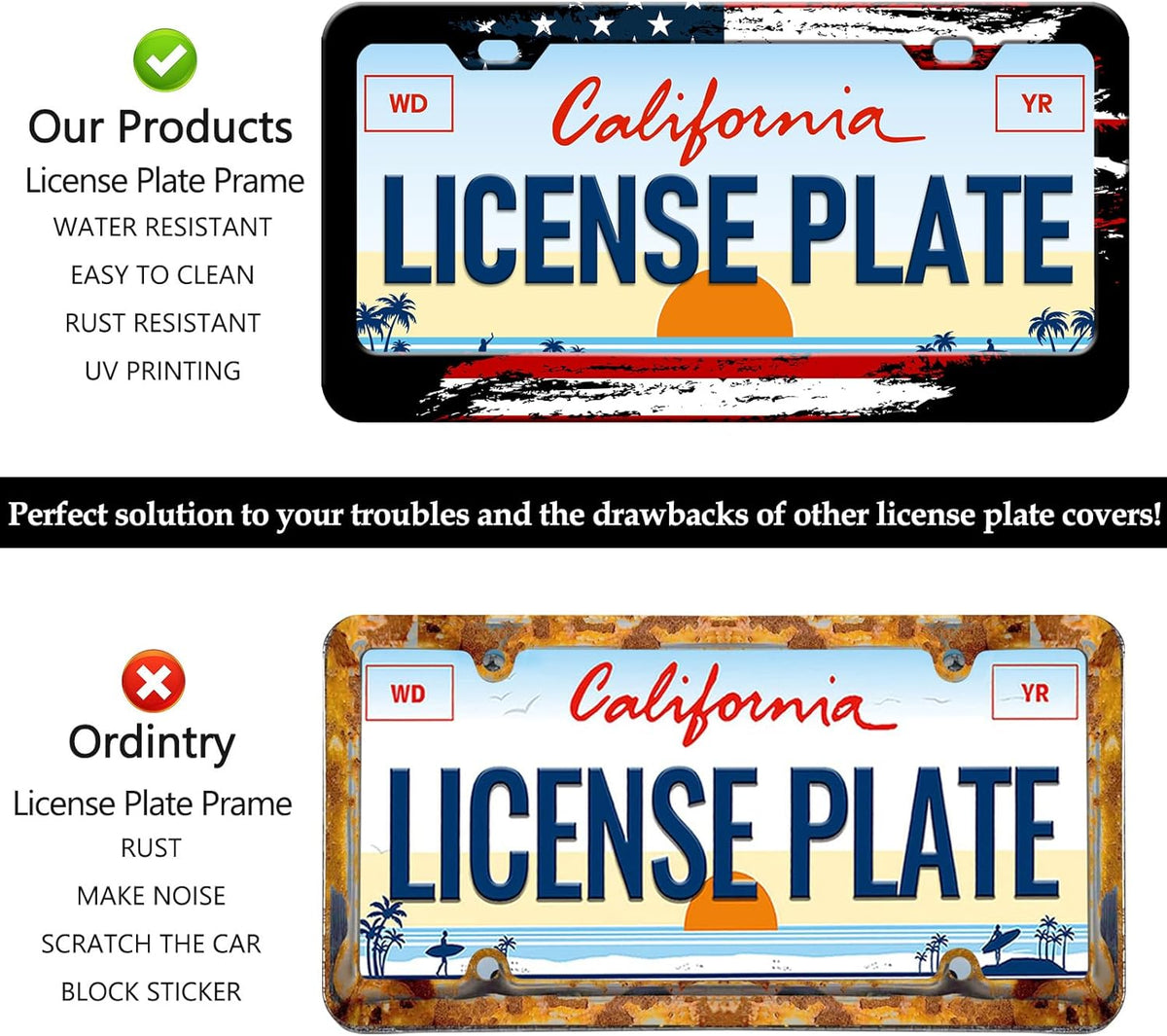 American Flag License Plate Frames - 2 Pack Vintage US Flag Stainless Steel License Plate Holder,Rust-Proof Waterproof Car Decorative Tag Frame with Screws Fasteners Caps