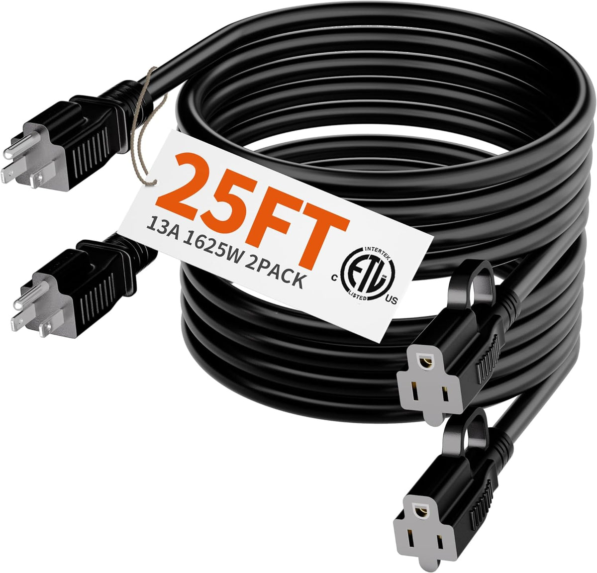 HUANCHAIN Indoor Outdoor Black Extension Cord 25 ft 2 Pack Waterproof, 16/3 Gauge Flexible Cold-Resistant Appliance Cable Outside, 13A 1625W 16AWG SJTW, 3 Prong Heavy Duty Electric Cord, ETL