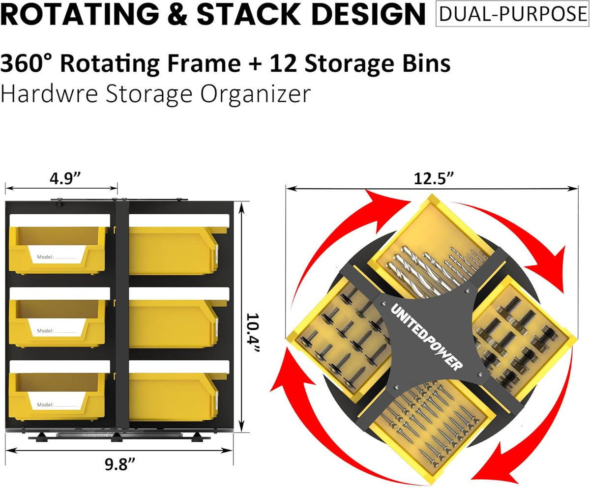 UNITEDPOWER Rotating Storage Bins, Tool Organizer, Hardware Crafts, Small Parts, Nuts and Bolts, Revolving 12 Bins Storage for Workshop, Shed, Garage, Home