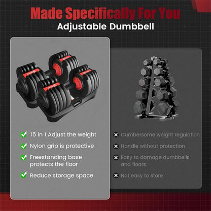 15 Weight in 1 Adjustable Dumbbell 53LB with Fast Automatic Adjustable and Weight Plate for Body Workout Home Gym （24kg/53lb）2pcs