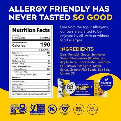 88 Acres Granola Bars | Blueberry Lemon | Gluten Free, Nut-Free Oat and Seed Granola Bar | Vegan & Always Non GMO | 12 Pack