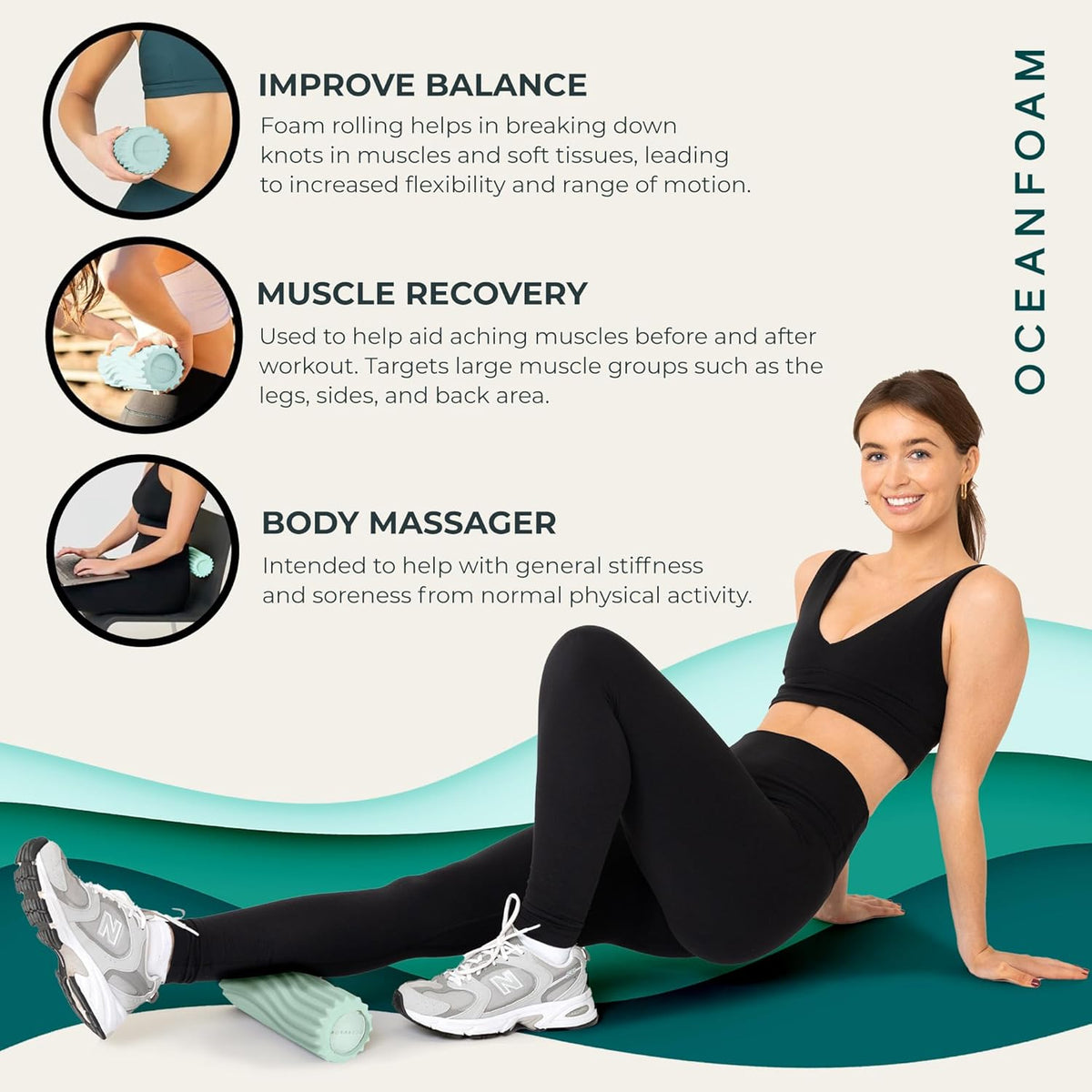 Oceanfoam Ripple Travel Foam Roller (11" x 3.35") Firm Mini Foam Roller for Physical Therapy, Deep Tissue Massage, Back Pain - High Density, Ergonomic Wave Textured - Yoga, Pilates, Exercise (Seafoam)