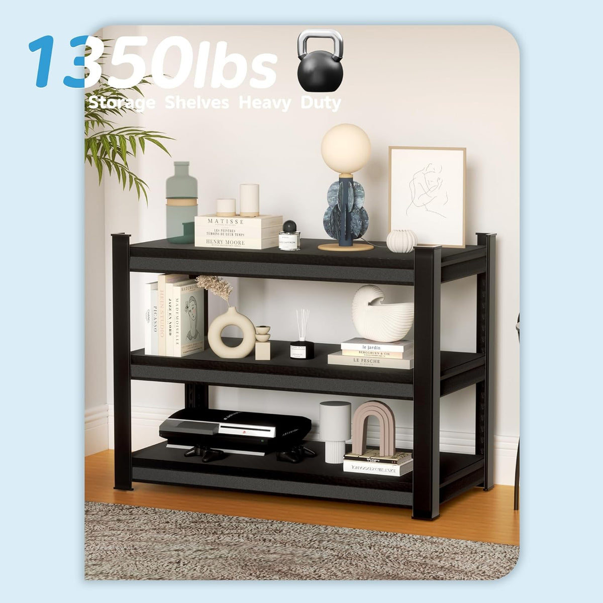 1350LBS Garage Storage Shelves Heavy Duty, 40" W x 16" D x 36" H,3-Tier Garage Shelving Heavy Duty, Industrial Metal Shelving Units for Basement,Fish Tank,Black