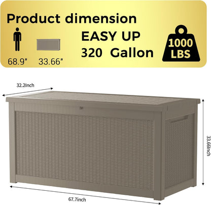 320 Gallon Lockable Resin Deck Box, Waterproof & UV-Resistant Outdoor Storage Box for Outdoor Cushion Storage, Garden Tools & Pool Accessories Storage, Gray